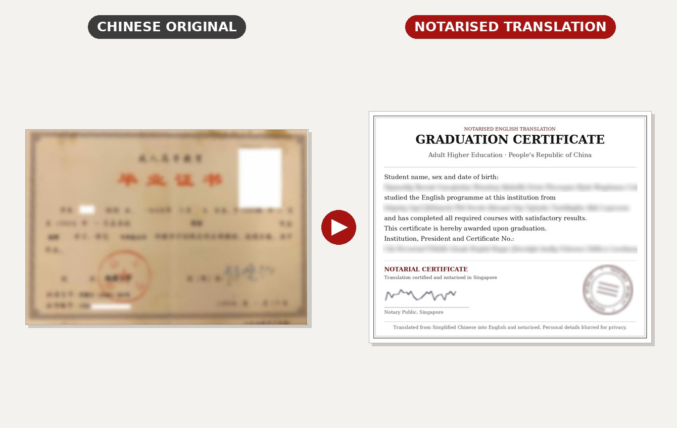 Notarised Translation of Chinese Graduation Certificate: blurred original and notarised English translation