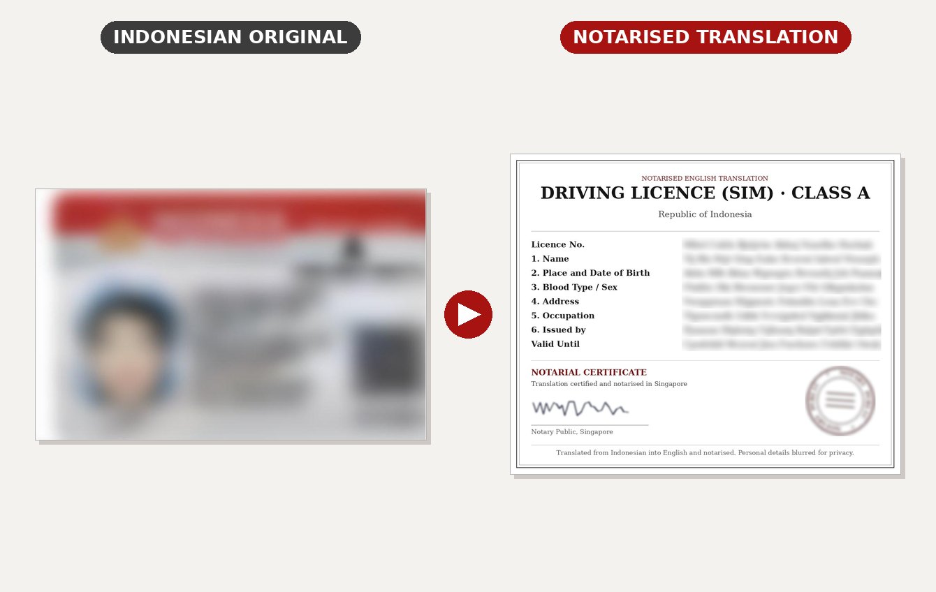 Notarised Translation of Indonesian Driving Licence: blurred original and notarised English translation