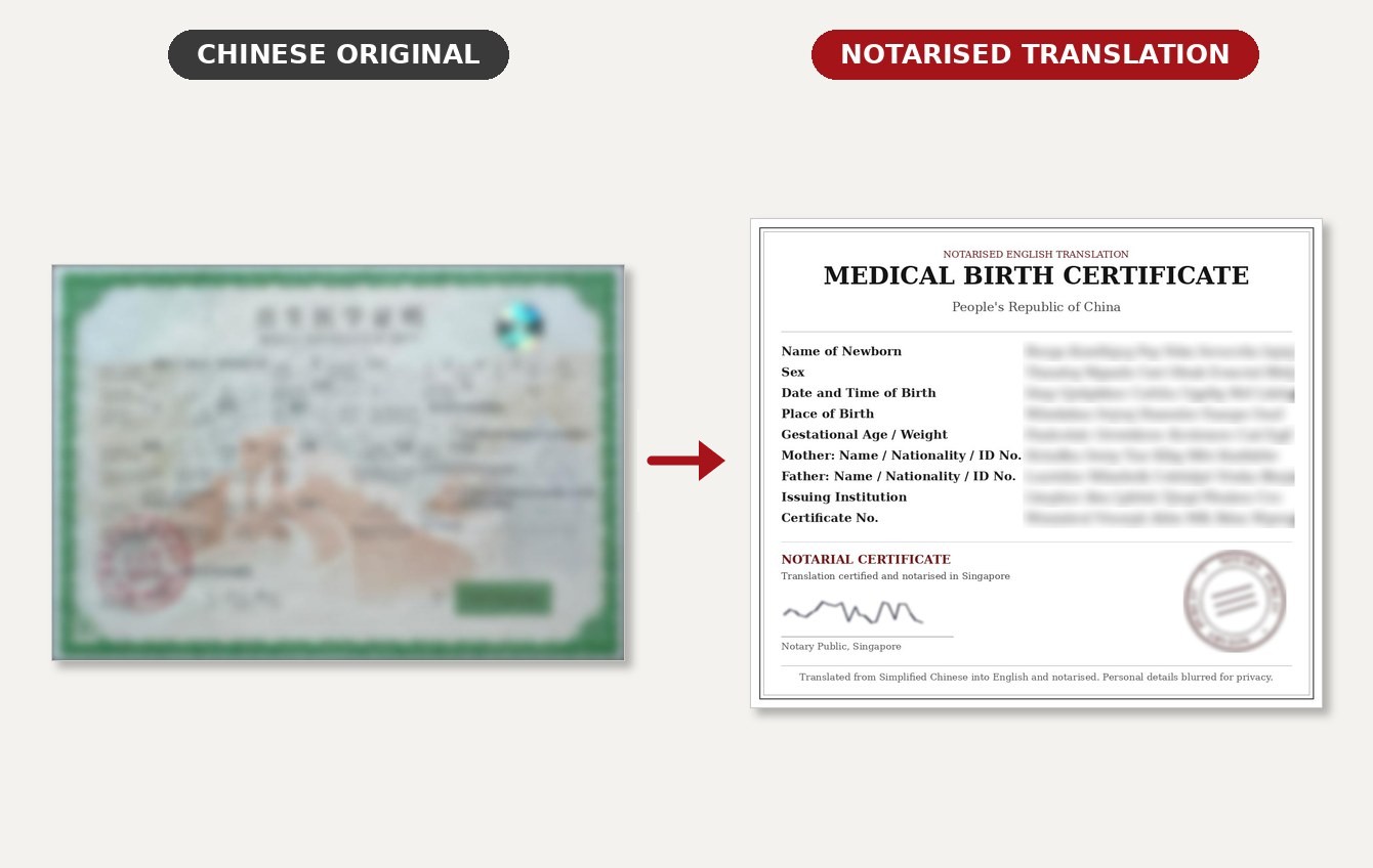 Notarised Translation of Chinese Birth Certificate: blurred original and notarised English translation