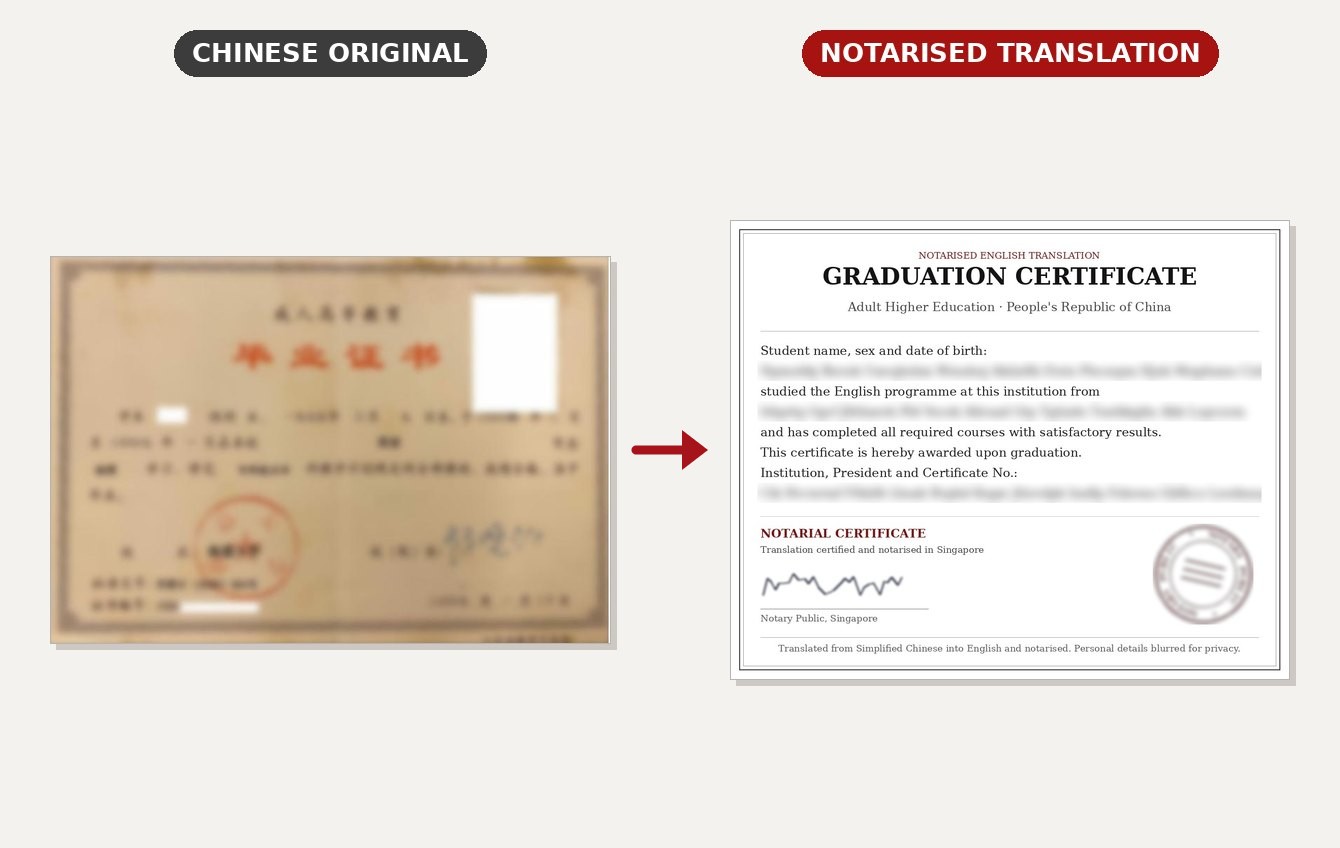 Chinese Graduation Certificate Translated and Notarised: blurred original and notarised English translation