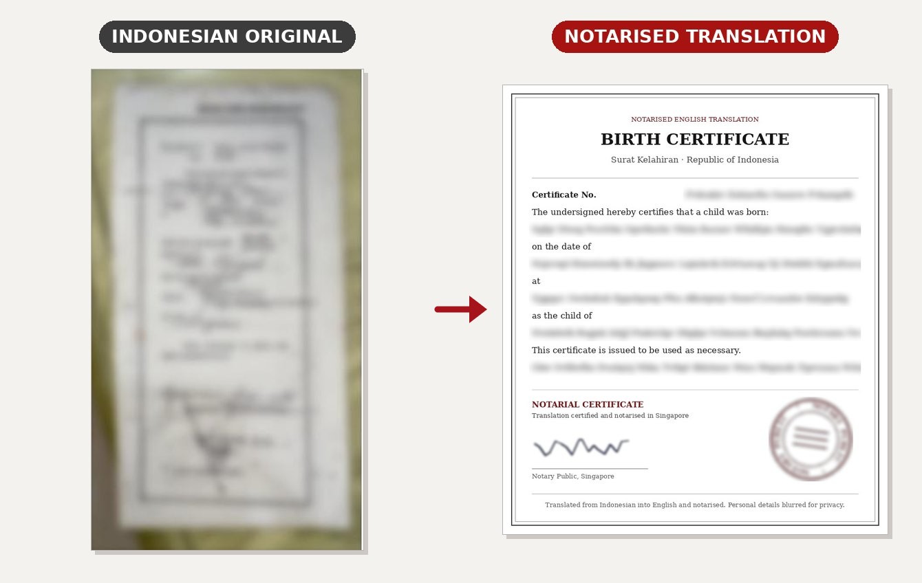 Indonesian Birth Certificate Translation and Notarisation: blurred original and notarised English translation