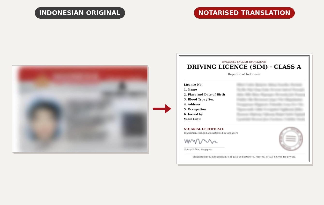 Notary Public Translation of Indonesian Driving Licence: blurred original and notarised English translation