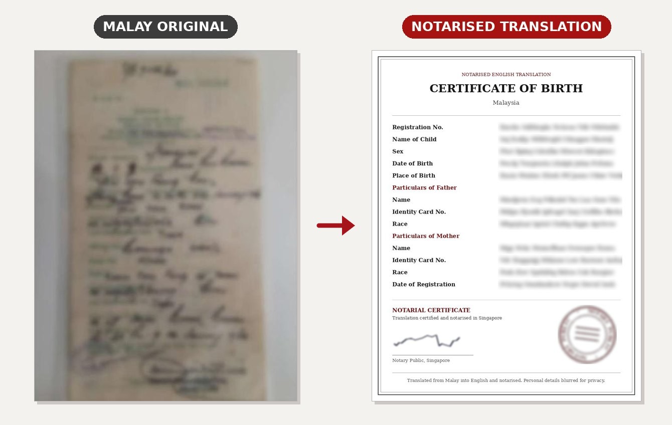Notarial Translation of Malay Birth Certificate: blurred original and notarised English translation