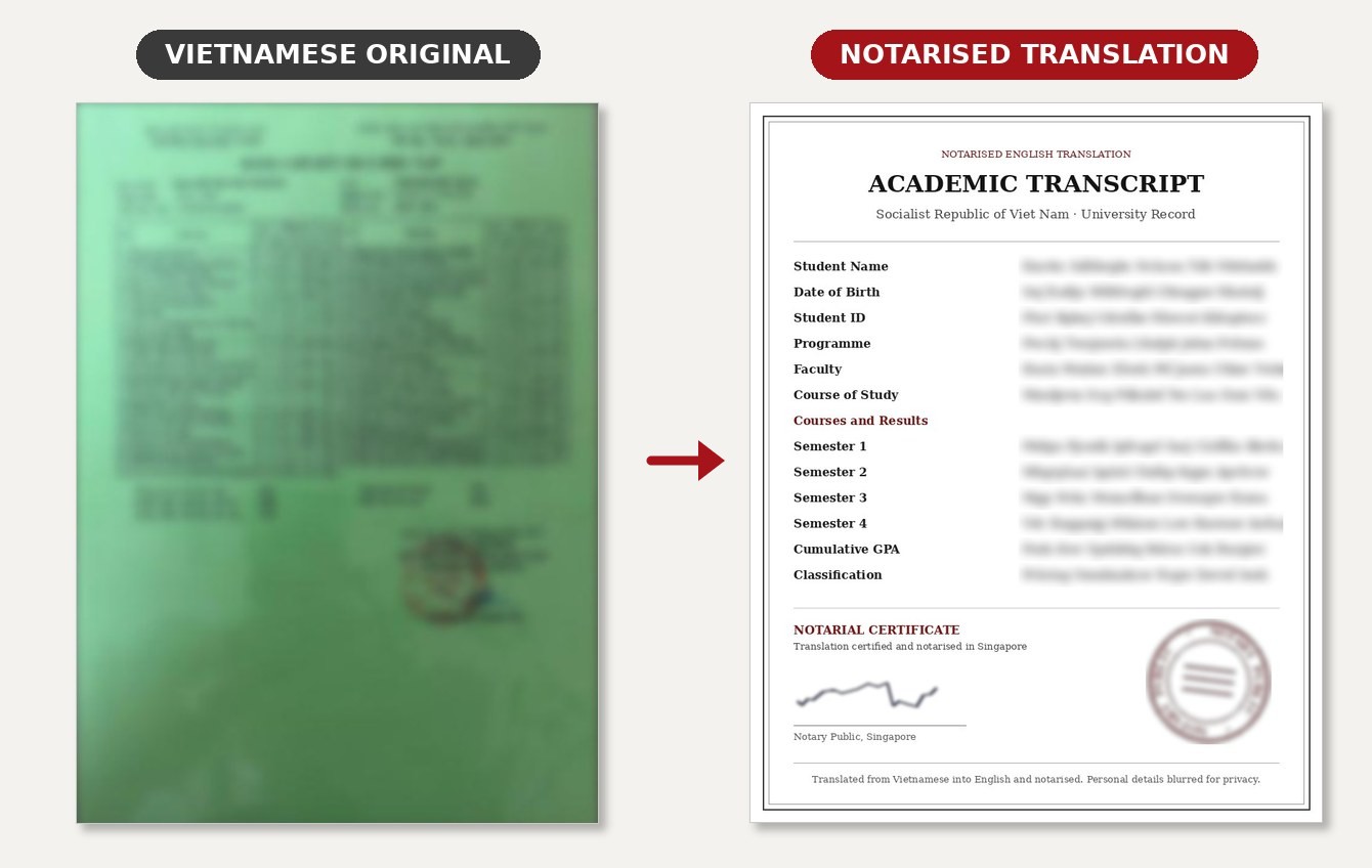 Vietnamese University Transcript Translation with Notarisation: blurred original and notarised English translation